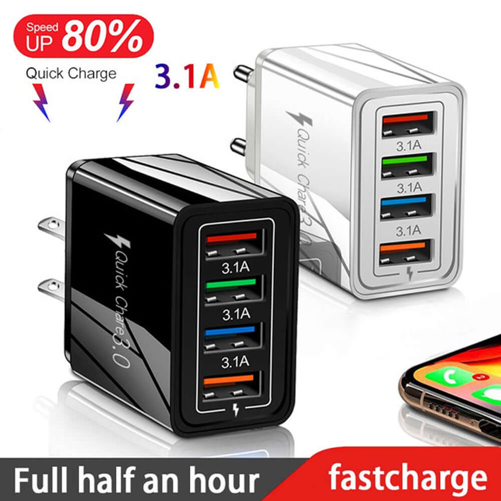 USB charger with 4 ports, quick charge 3.0, available in black and white, designed for fast charging devices.