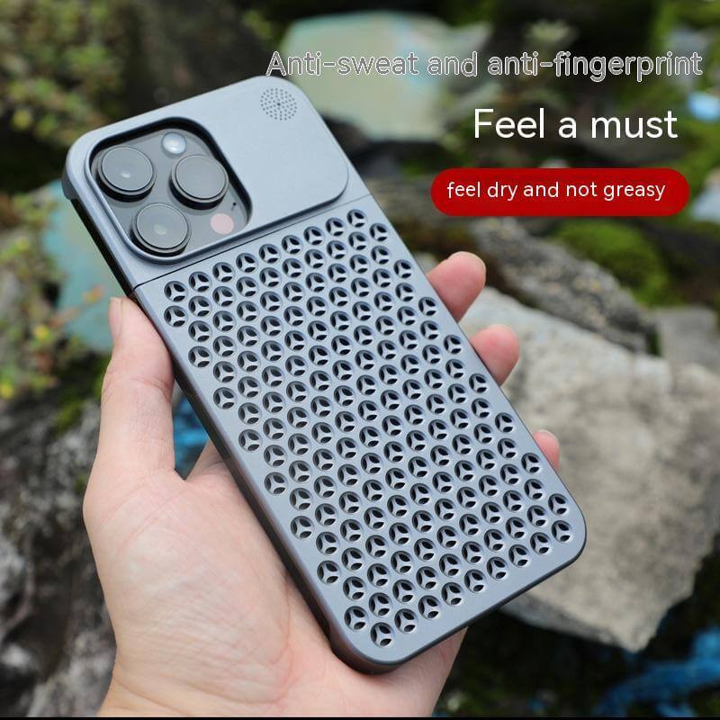 Hand holding a gray anti-sweat, anti-fingerprint phone case designed for comfort and grip.