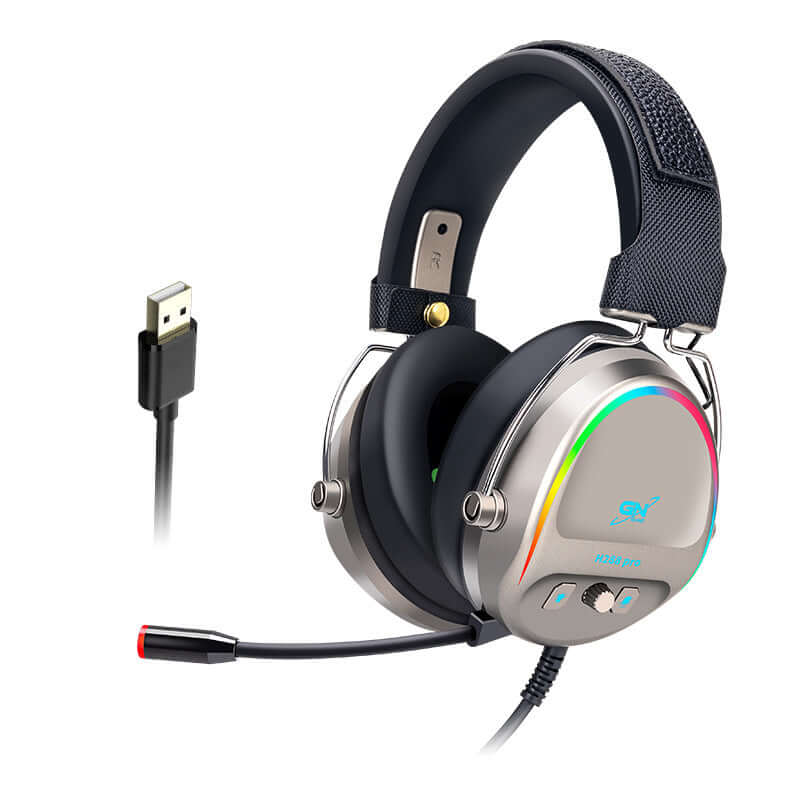 RGB gaming headset with microphone and USB connection, designed for PC gaming.
