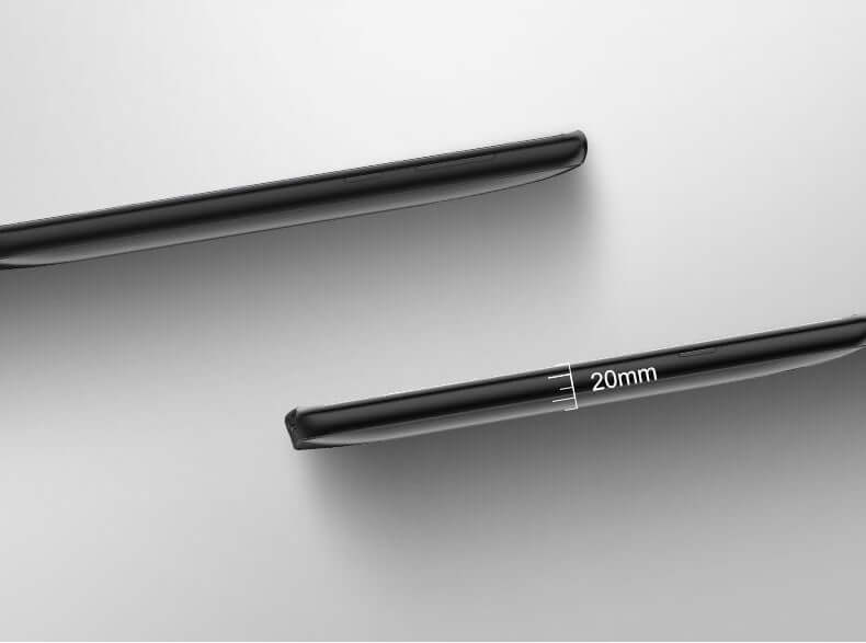 Comparison image showing the thickness of the Note9 back clip battery case, highlighting a 20mm measurement.