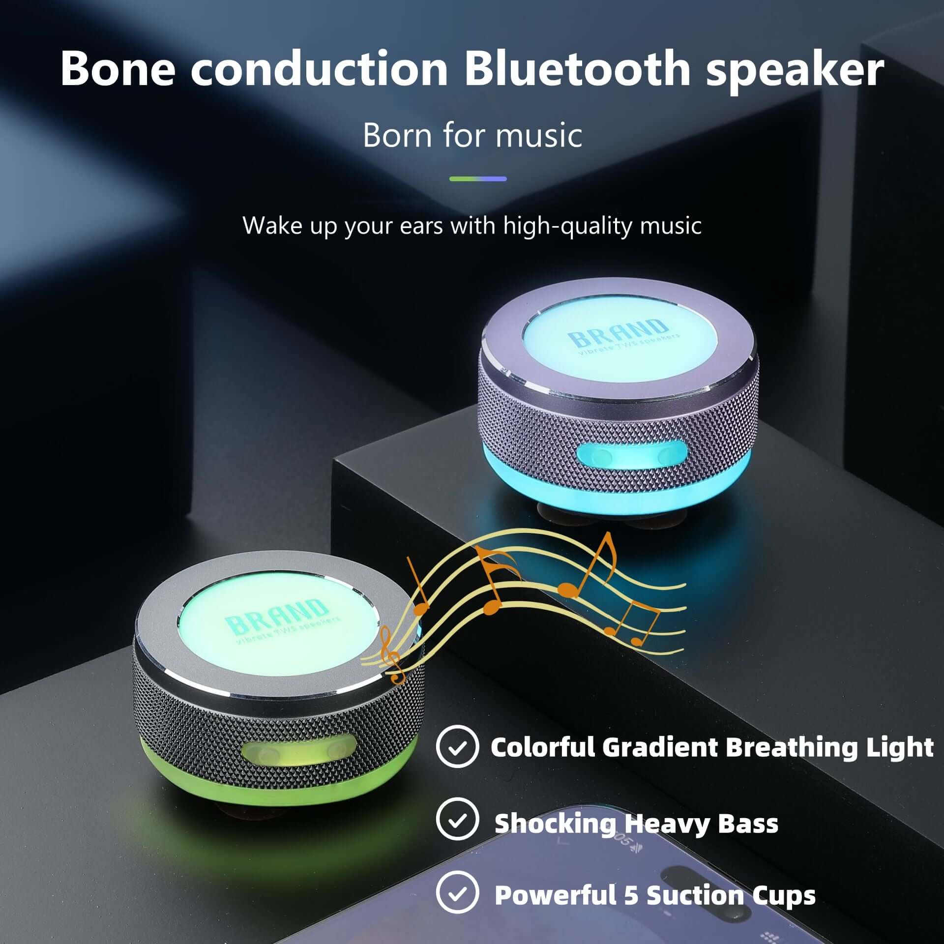 Small Wireless Bone Conduction Speakers Bluetooth Vibration Speaker with colorful gradient light and suction cups.