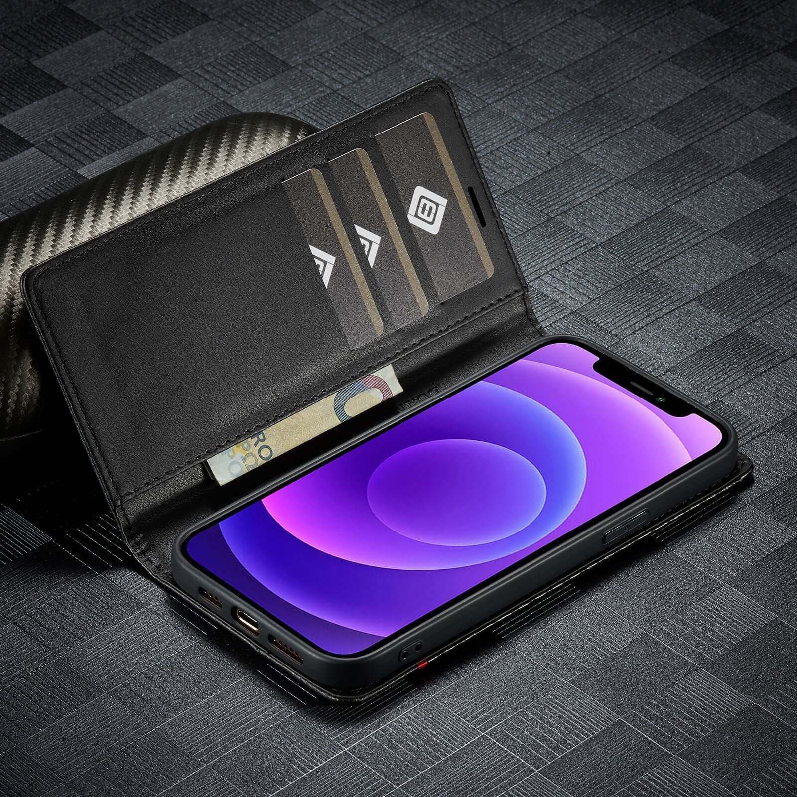 Handmade leather phone case with carbon fiber design, featuring card slots and a modern flip style for Apple devices.