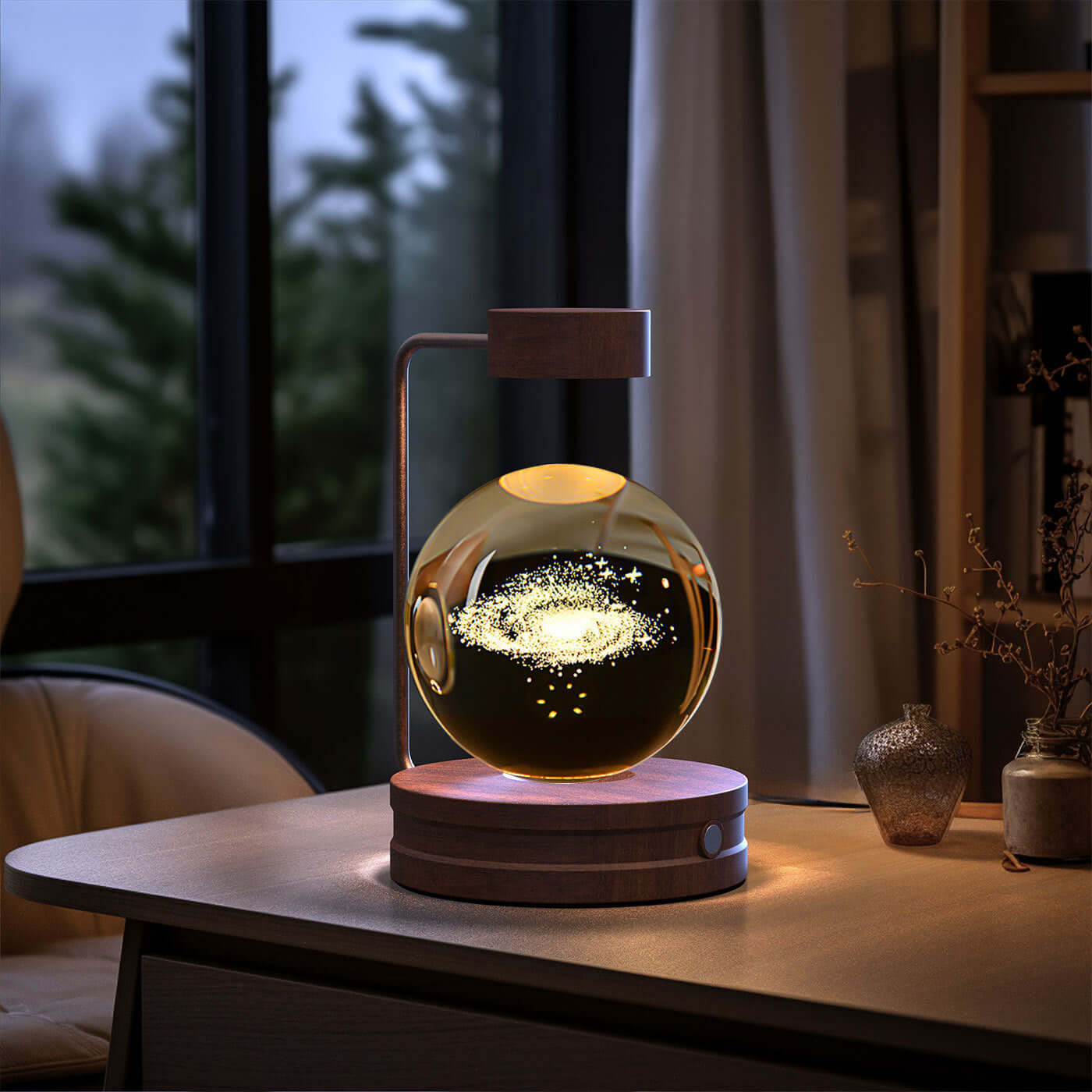 Crystal ball cosmic dinosaur night light creating a warm atmosphere on a bedside table for romantic settings.