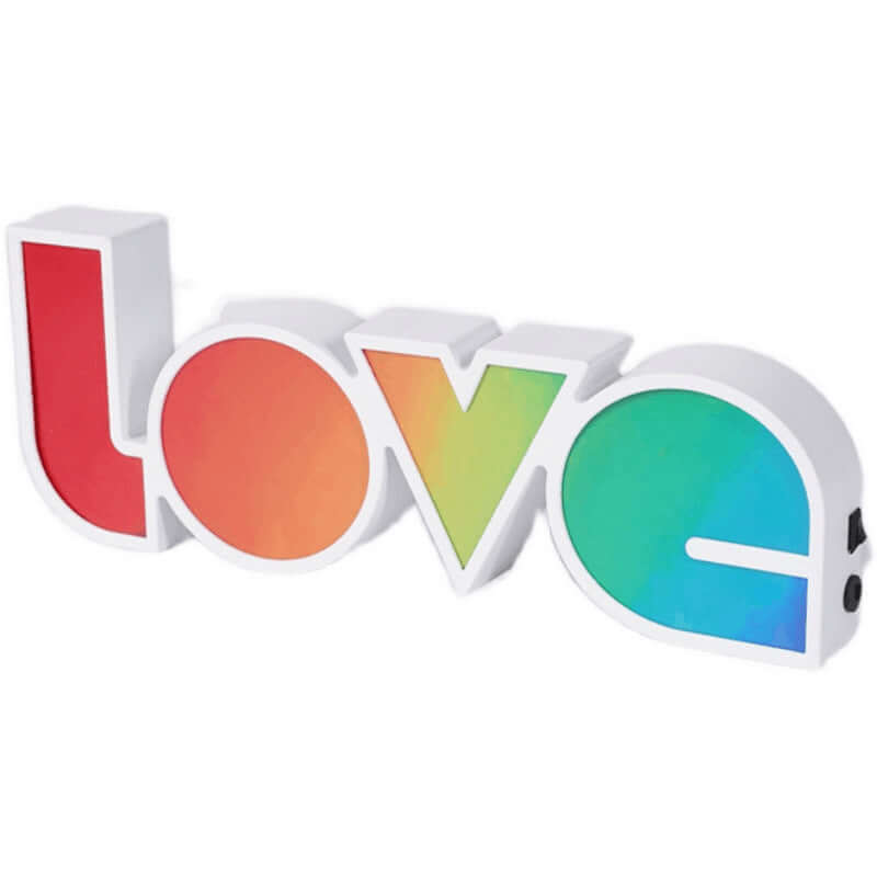 Colorful LED 'LOVE' decorative lamp for festive holidays and home decor, featuring vibrant geometric design.