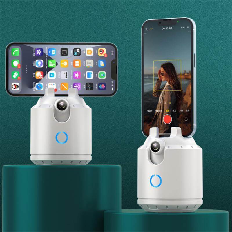 Intelligent dual axis camera with smartphone for stable video recording and photography on green platforms.