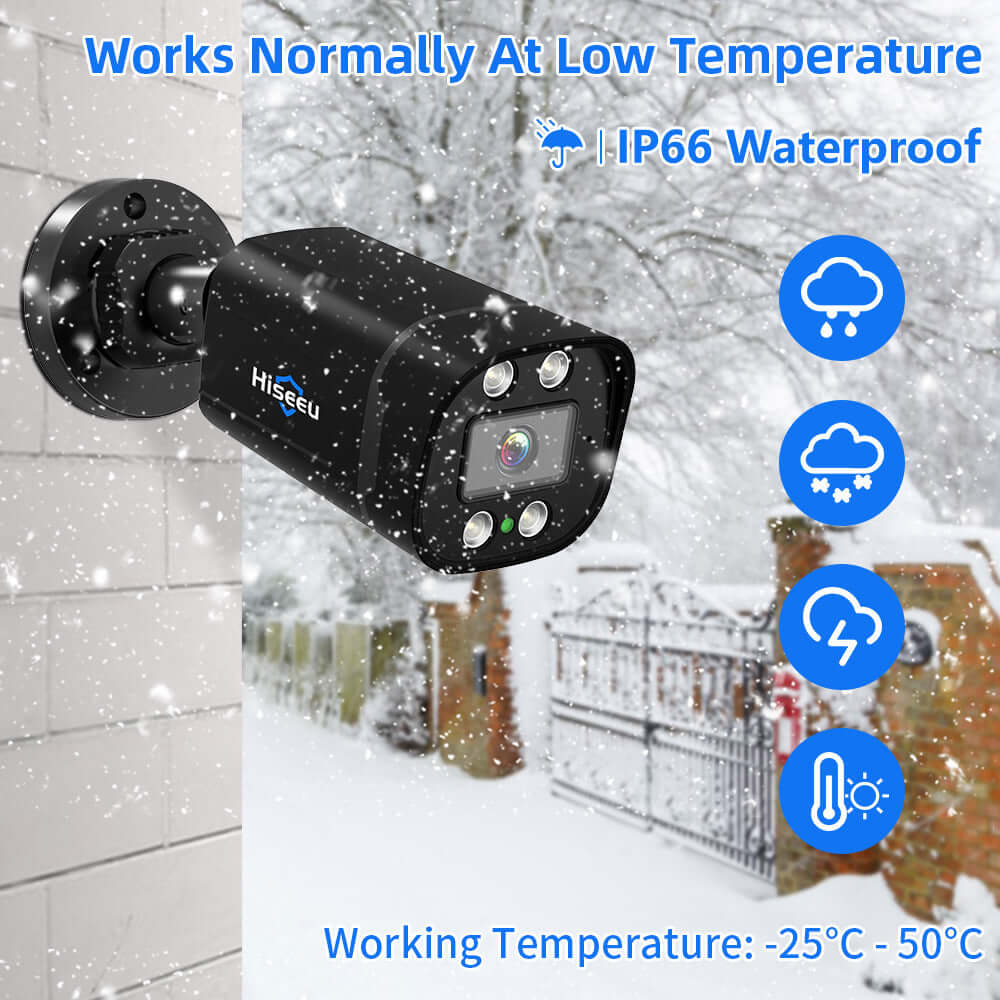 Outdoor waterproof security camera operating in low temperatures, showcasing IP66 rating and winter conditions.