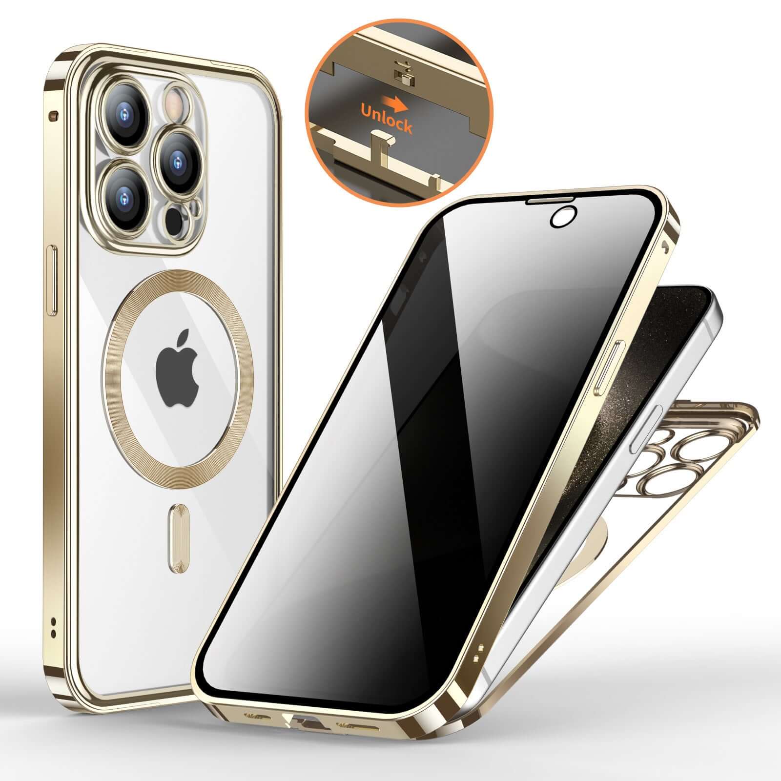 Anti-Privacy Metal Buckle Magnetic Support Phone Case with full cover lens in gold color.