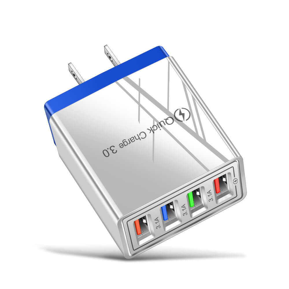 USB charger with four ports, featuring Quick Charge 3.0 for fast charging of multiple devices simultaneously.