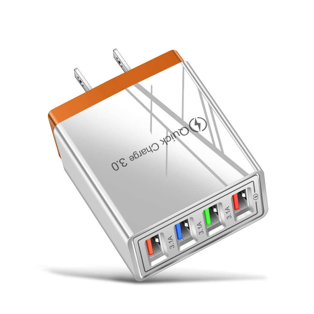 Portable USB charger with Quick Charge 3.0, four ports for fast charging devices at home or on the go.