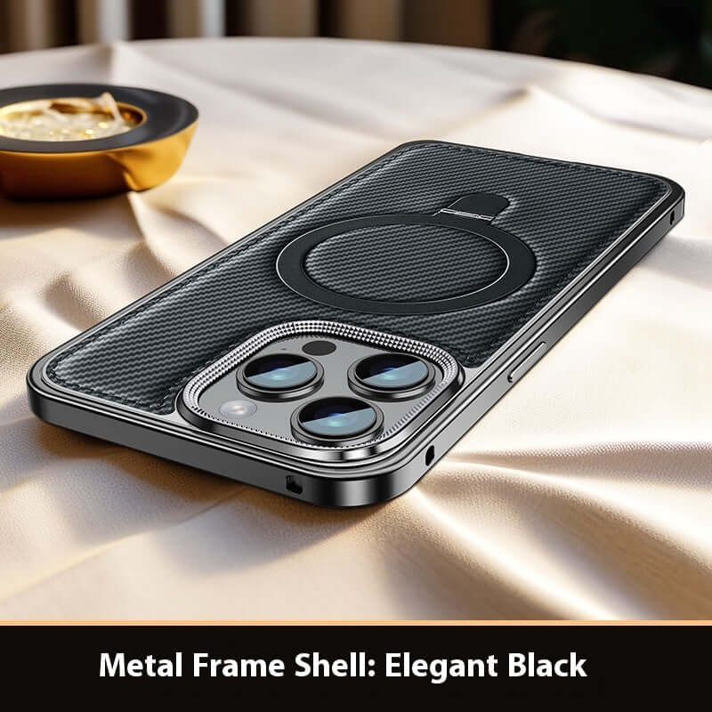 Elegant black metal frame shell phone case with carbon fiber pattern, compatible with Apple models.