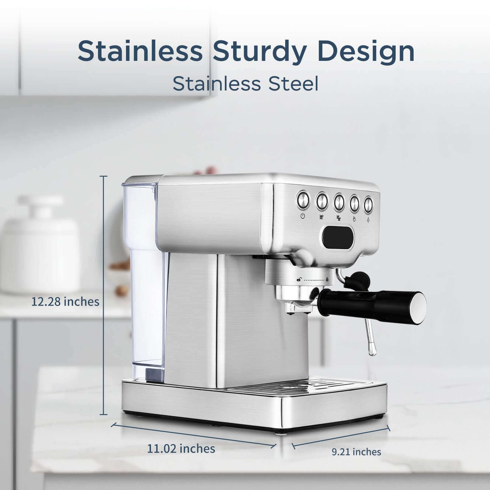 Stainless steel espresso machine with sturdy design and dimensions 12.28" H, 11.02" W, and 9.21" D.
