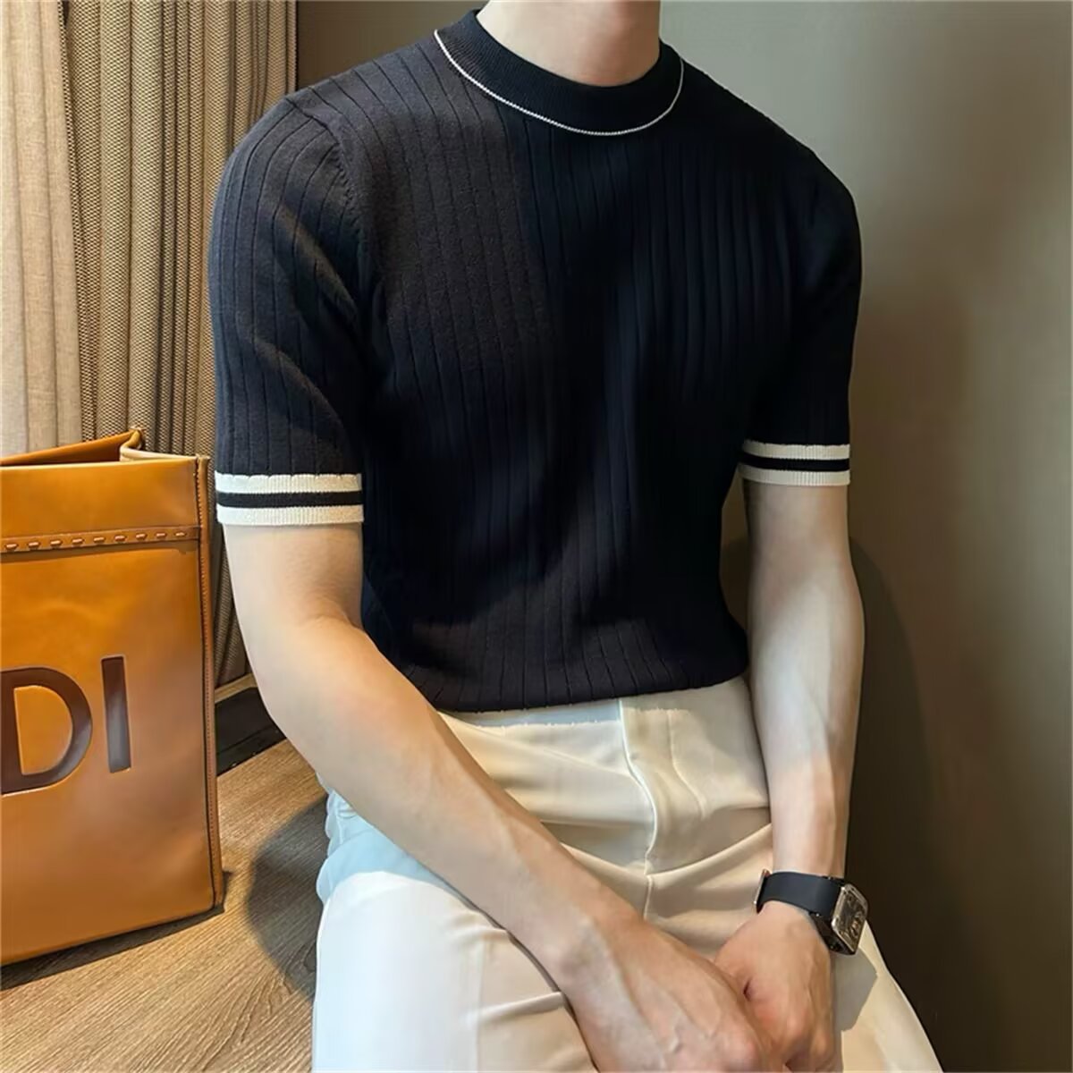Men's Short-Sleeve Ice Silk Knit Shirt Crew-Neck Slim-Fit Sweater - DBMP Shop