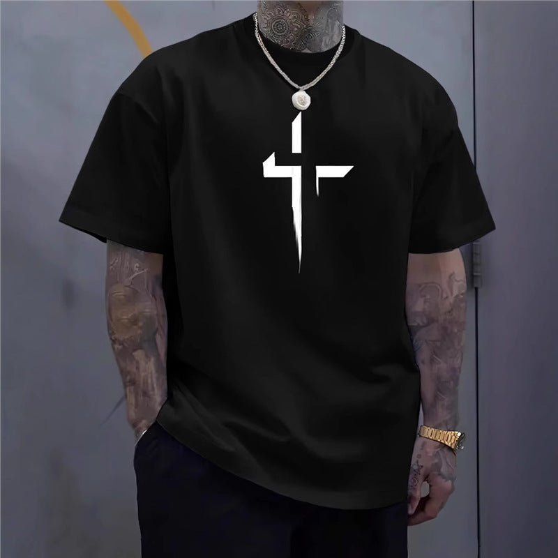 Street-style Mens Casual Loose-fit Cross-print Creative Sports Short-sleeve Top - DBMP Shop