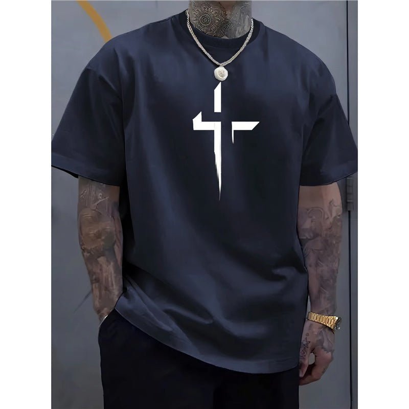 Street-style Mens Casual Loose-fit Cross-print Creative Sports Short-sleeve Top - DBMP Shop