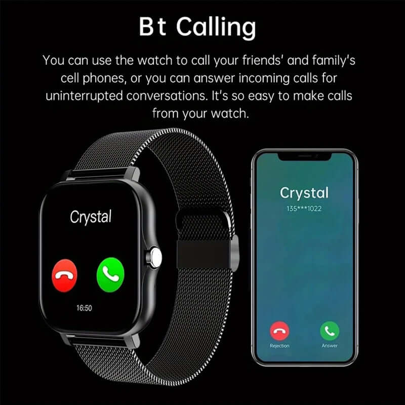 Smart watch with Bluetooth calling feature showing incoming call screen and call options on a mobile phone.