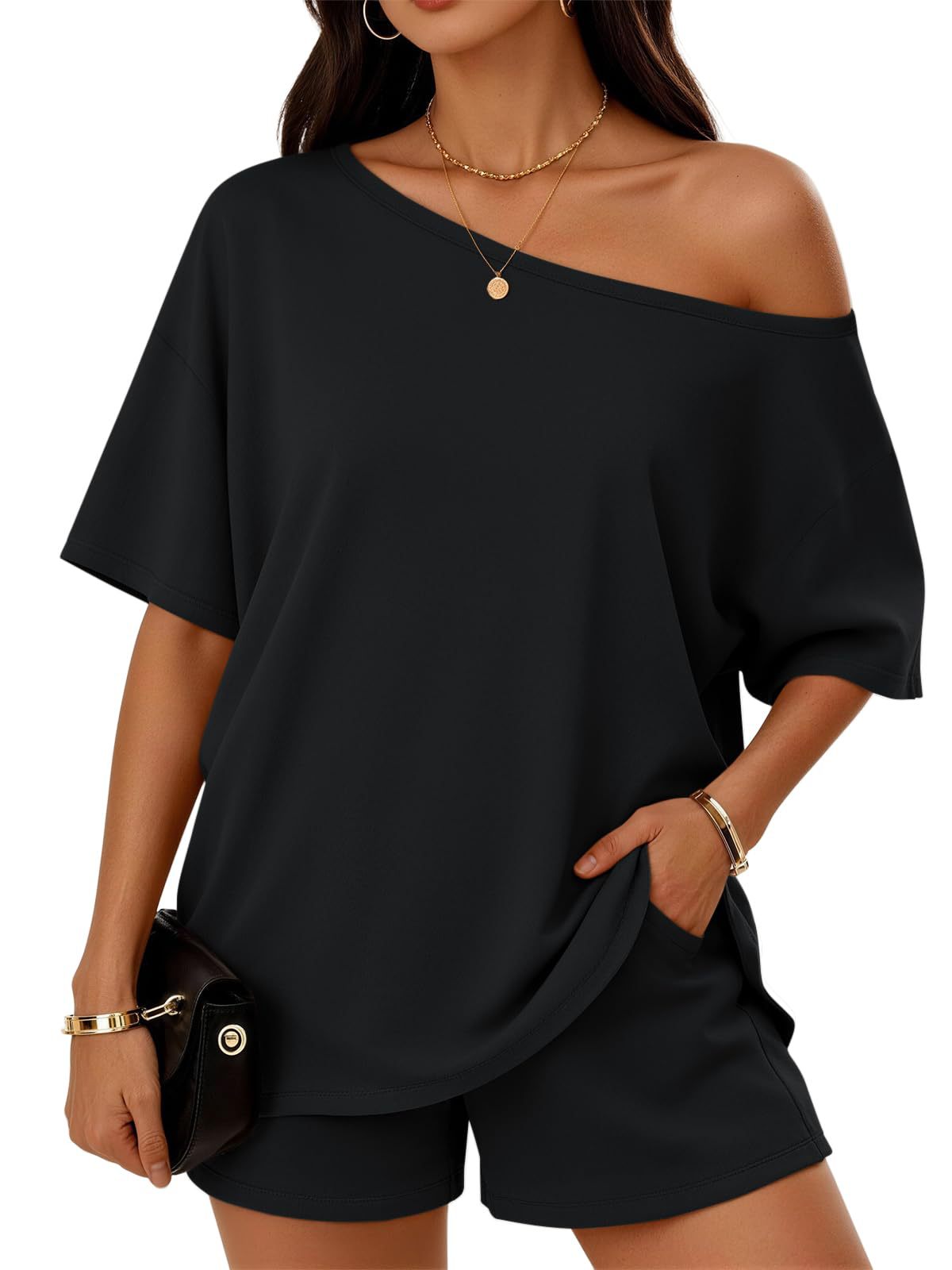 Womens 2 - piece Fashionable Casual Set Slant - Neck Top And Shorts For Loungewear Daily Wear Work Gym Outfit - DBMP Shop