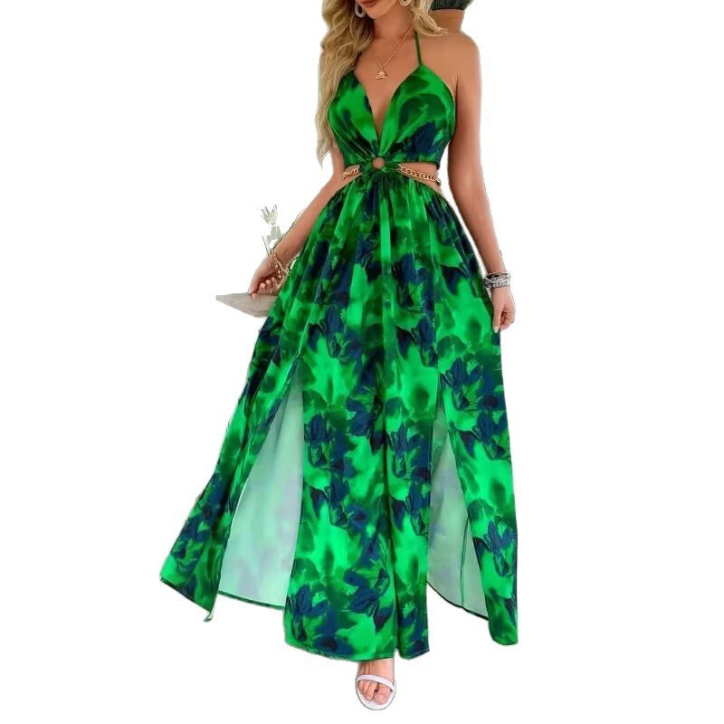Elegant Womens Floral Print Halter V - neck Backless Side - Slit Dress Cut Out Waist Chain Sleeveless High Side Split Fit Flare Maxi Long Dresses - DBMP (Electronics And More Store)