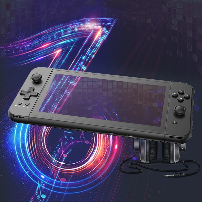 HD handheld game console X70 in black, featuring USB interface and MP4 player, designed for two players.