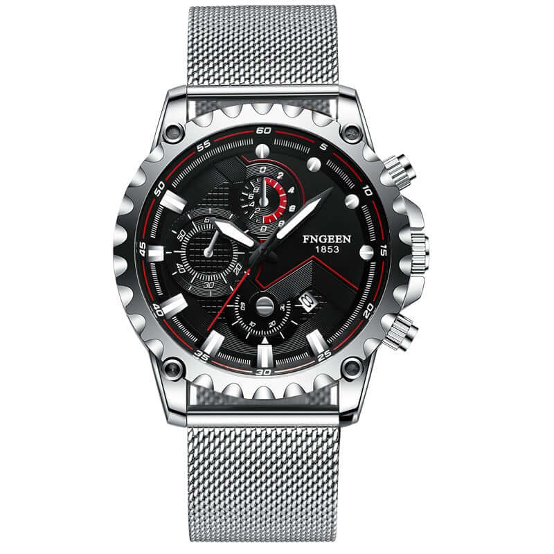 Stylish automatic electronic watch with large black dial and silver mesh strap, featuring quartz movement.