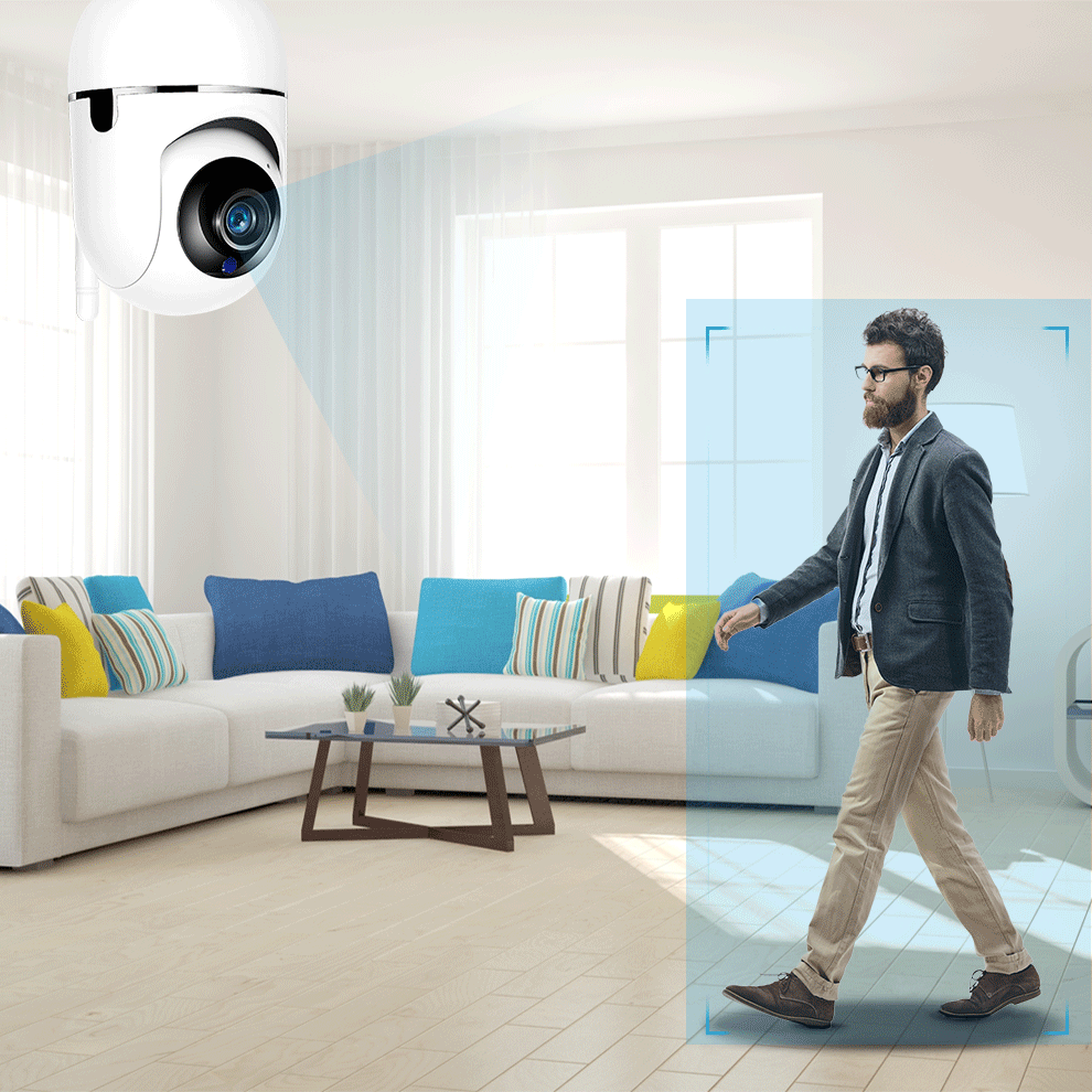 1080P home security camera in action, auto tracking a person walking in a modern living room.