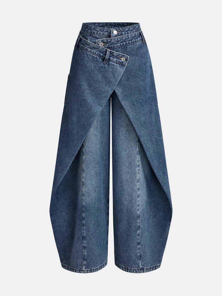Retro High - waisted Cross - over Metal Buckle Irregular Wide - leg Pants - DBMP Shop