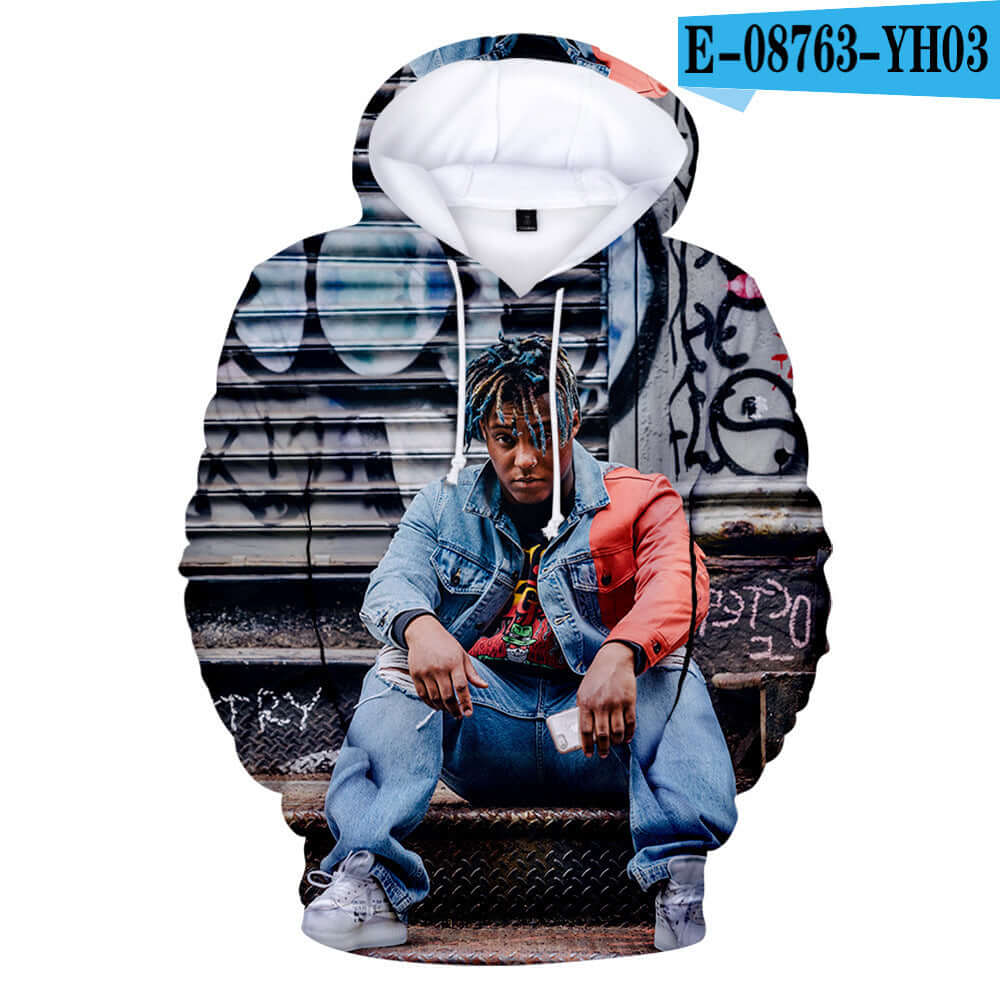 Hip-hop singer Juice Wrld 3D hoodie featuring vibrant graffiti background, polyester fabric, and stylish design.