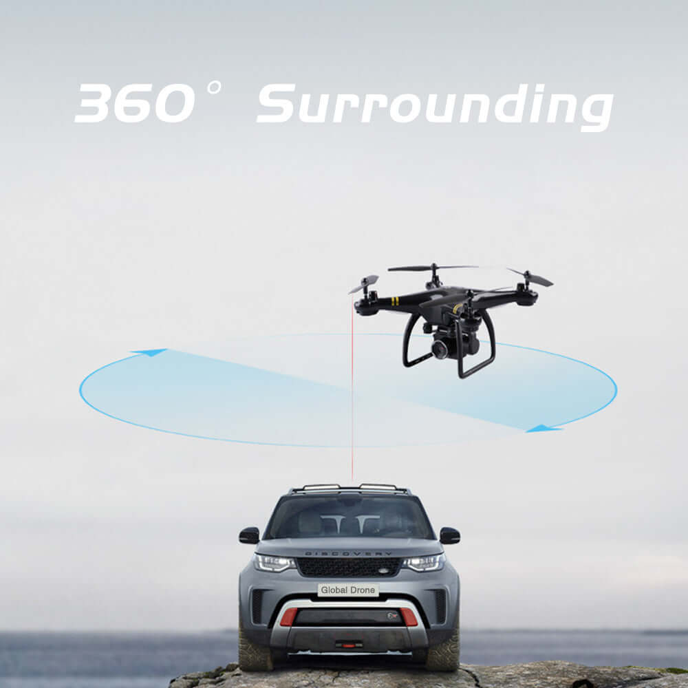 5G ESC camera drone demonstrating 360° surrounding capability above a car, showcasing advanced flight features.