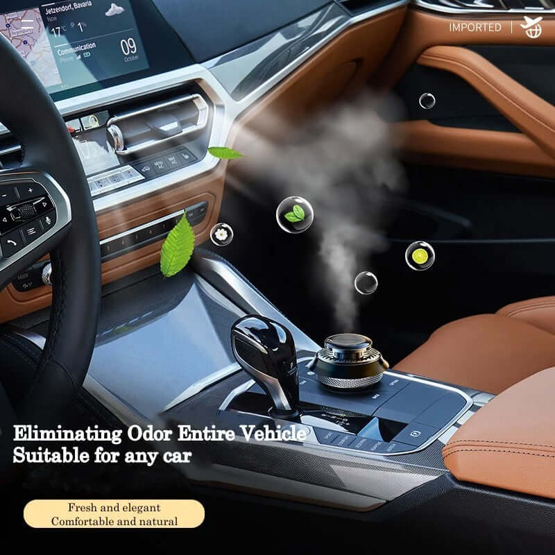 Portable solar-powered car air freshener eliminating odors, suitable for any vehicle with a sleek design.