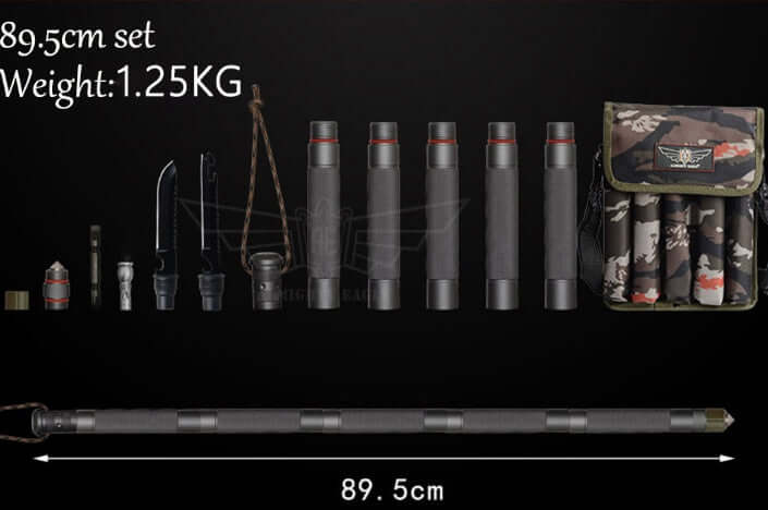 89.5cm Outdoor Defense Tactical Stick set with accessories, lightweight at 1.25KG, ideal for hiking and camping.