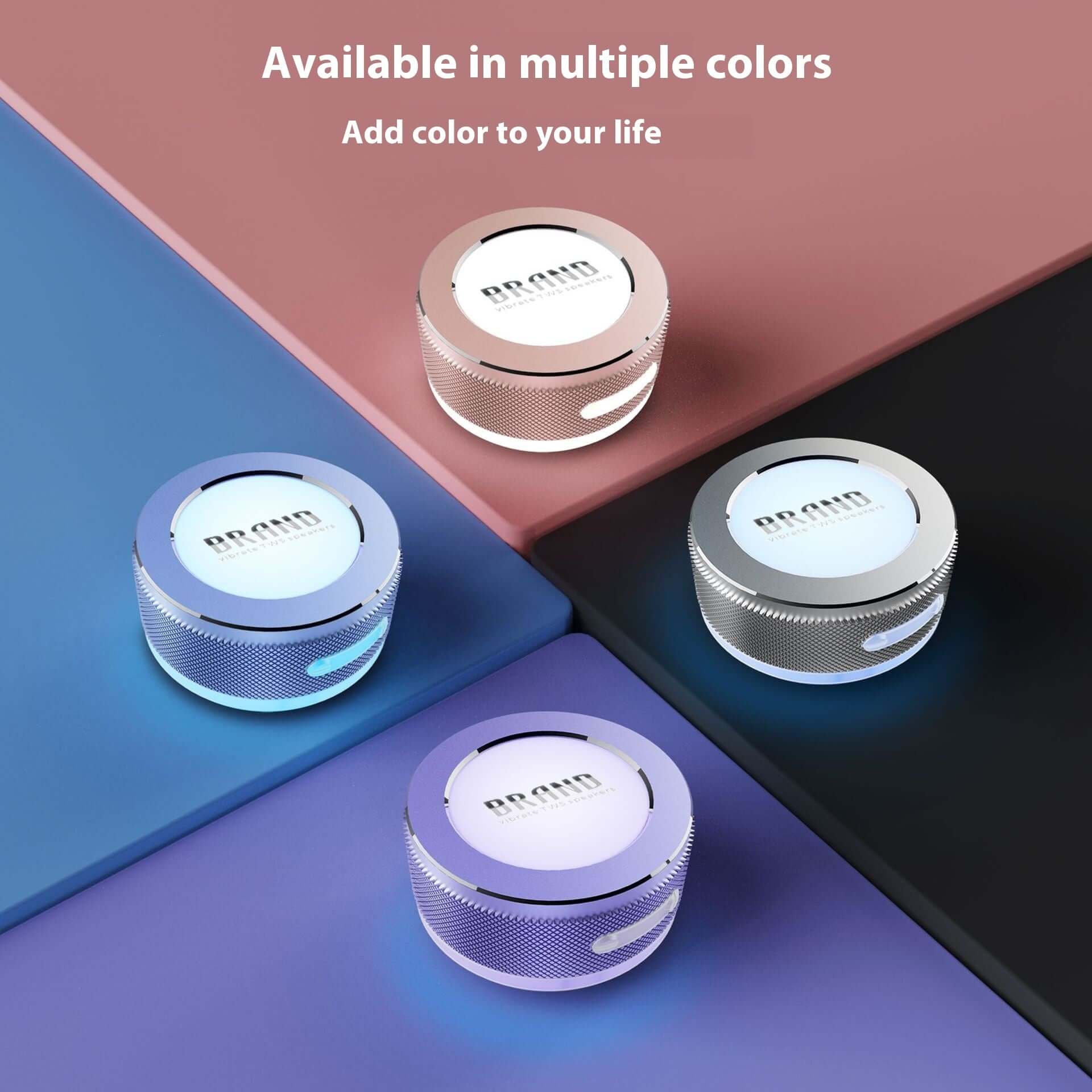 Small Wireless Bone Conduction Speakers Bluetooth Vibration Speaker available in multiple colors on various surfaces.