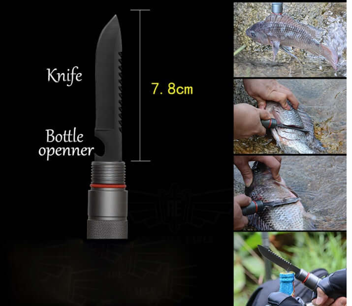 Versatile 7.8cm knife with bottle opener, ideal for outdoor fishing and camping activities.