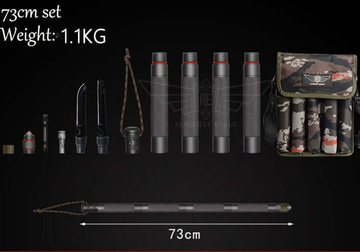 Outdoor Defense Tactical Stick set including various attachments, showcasing its foldable design and lightweight features.