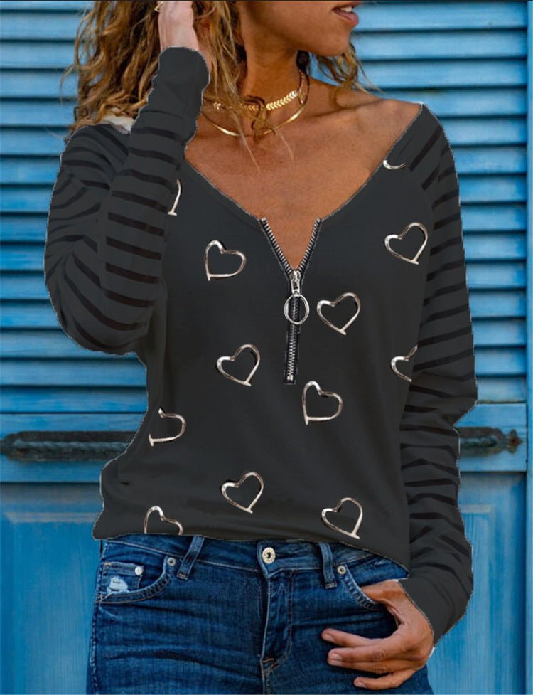 Long Sleeve Love Printed V - Neck Zip T-Shirt - DBMP Shop