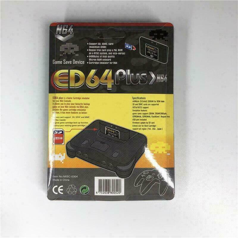 ED64Plus N64 Flash Card back packaging showcasing features and specifications for game save device compatibility.