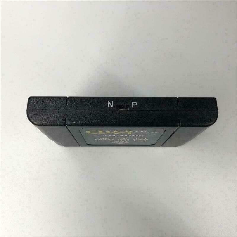 N64 Flash Card ED64Plus top view showing connector ports for U.S., Japan, Hong Kong, and Europe compatibility.