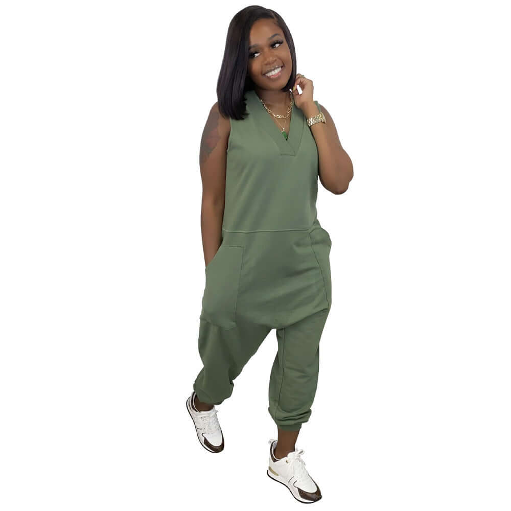 Casual sleeveless army green jumpsuit for women, featuring a stylish vest top and comfortable fit.
