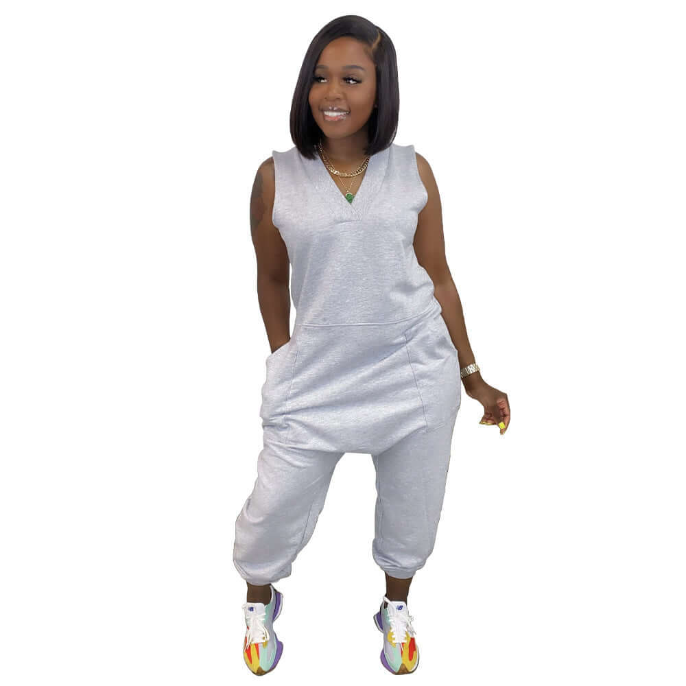 Casual sleeveless gray jumpsuit for women, stylish street wear with pockets and relaxed fit.