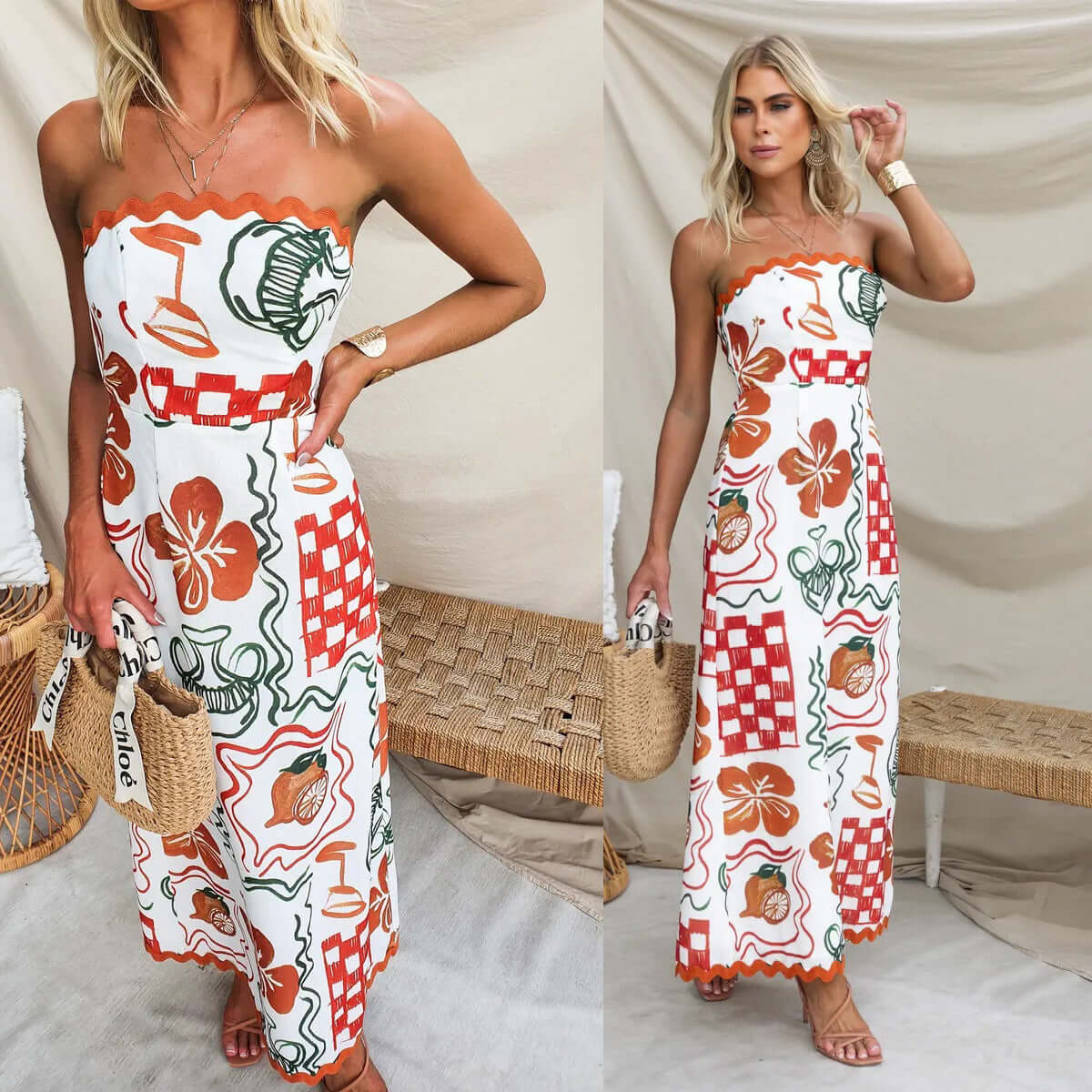 Women's chest-wrapped pleated casual dress with floral and plant patterns, featuring a mid waist and A-line skirt.