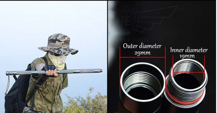 Person using Outdoor Defense Tactical Stick with dimensions labeled: outer 29mm, inner 19mm, ideal for hiking and camping.