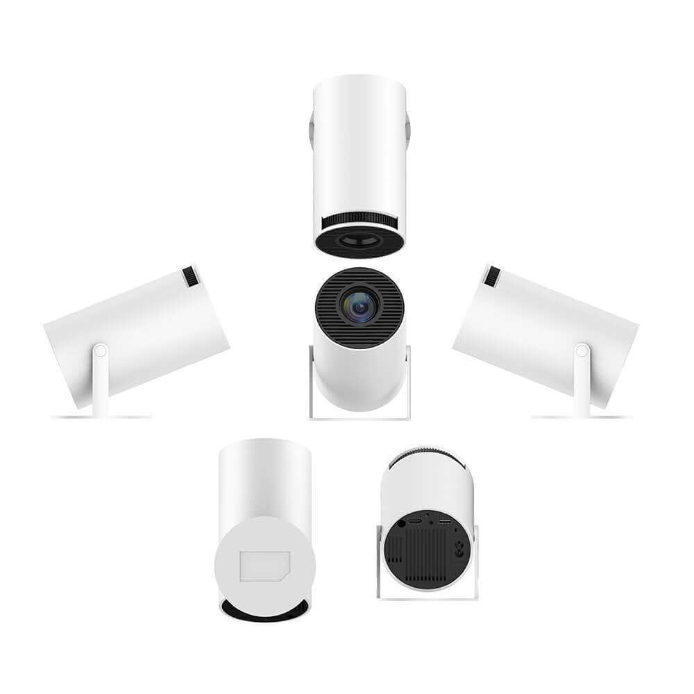 Multiple angles of the Magcubic HY300 portable projector showcasing its sleek design and lens.