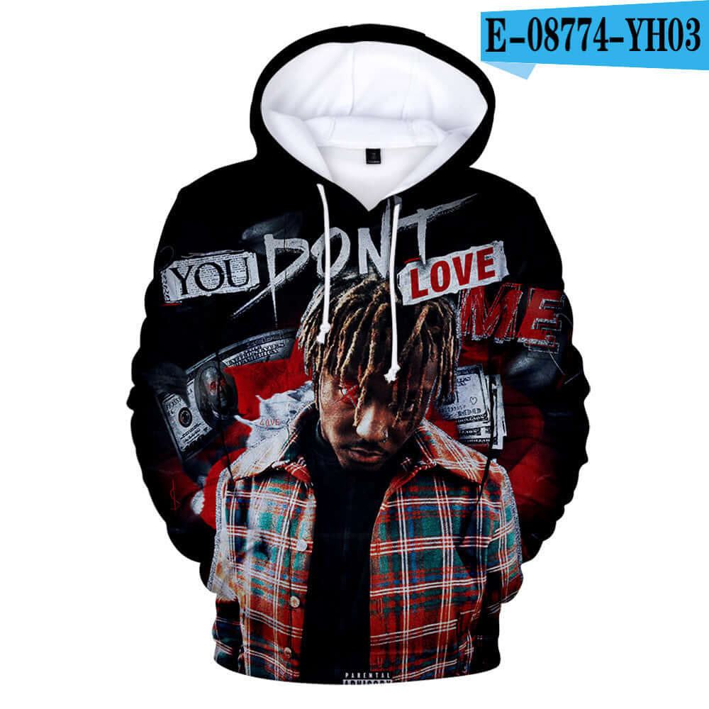 Juice Wrld 3D Hoodie featuring the phrase 'You Don’t Love Me' on a black background with colorful plaid pattern.