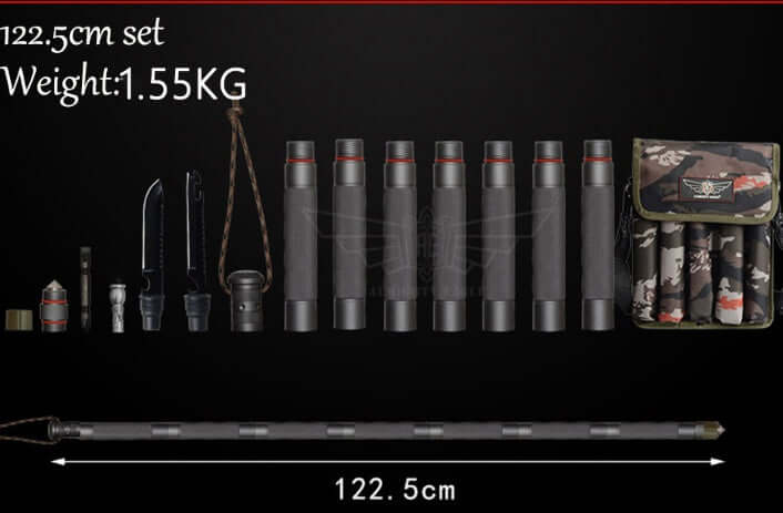 Complete set of tactical hiking gear measuring 122.5cm and weighing 1.55KG, including multifunctional walking stick.