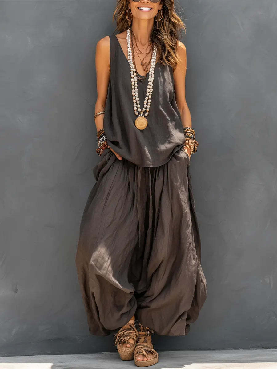 Womens Solid - Colored Casual Sleeveless Tank Top And Wide - Leg Pants Cotton - Linen Set For Daily Wear Holiday Outfit - DBMP (Electronics And More Store)