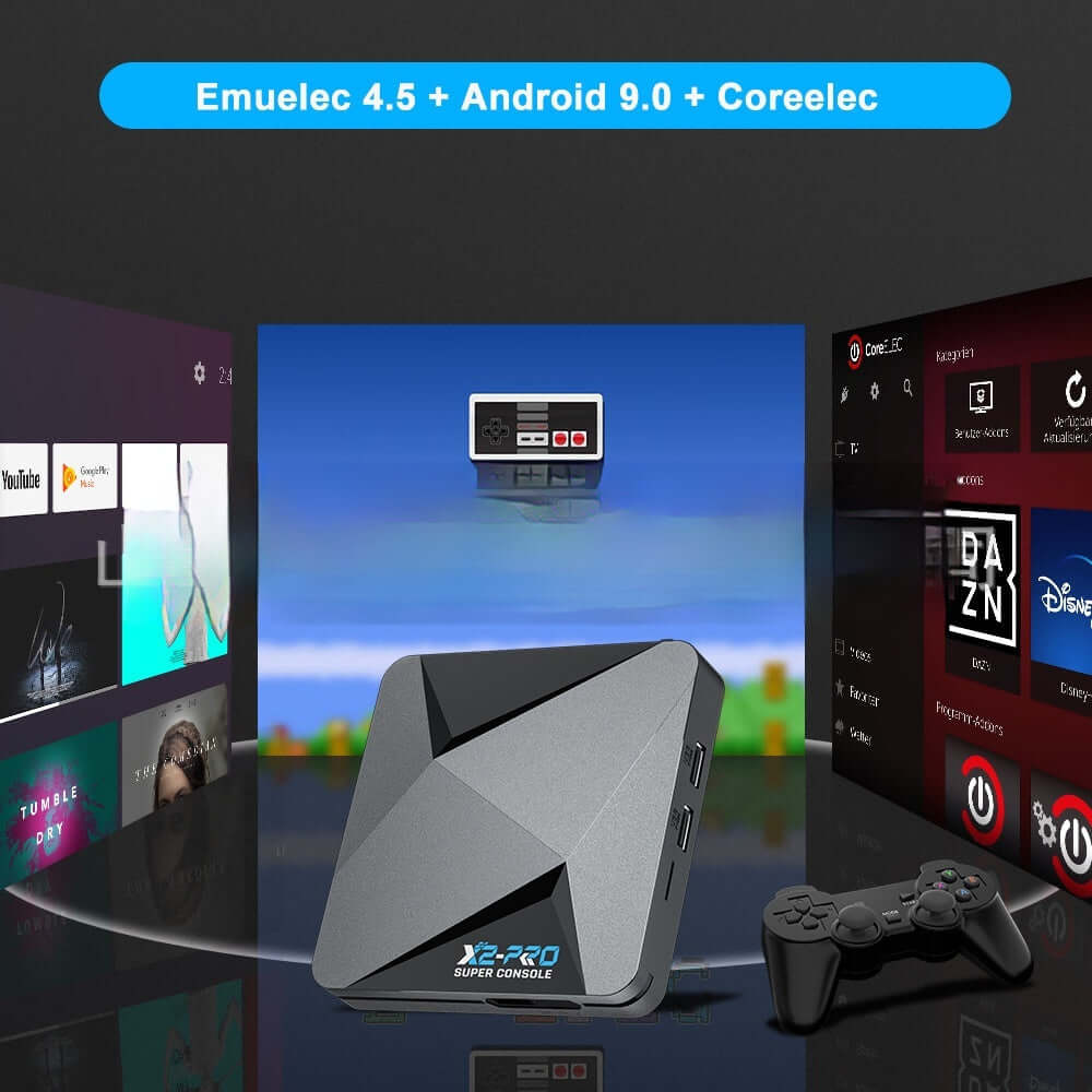 Home video game set-top box featuring Emuelec 4.5, Android 9.0, and Coreelec with gaming controller.