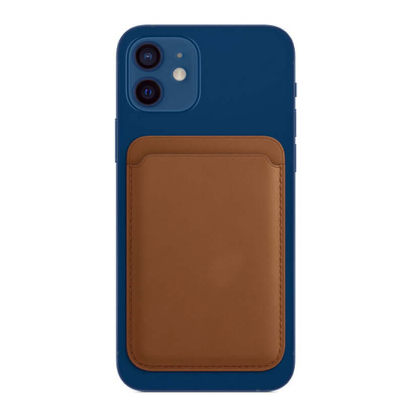 Blue phone case with a brown luxury leather card holder wallet attached to the back, designed for easy card storage.