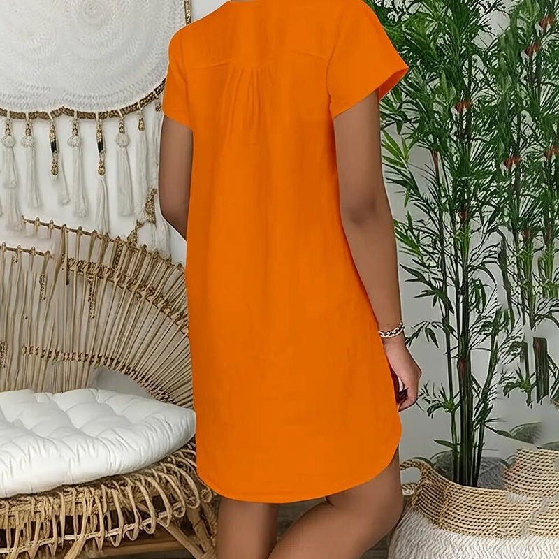 Womens Summer Casual Solid Color V Neck Short Sleeve Dresses Boho Beach Sundresses - DBMP Shop