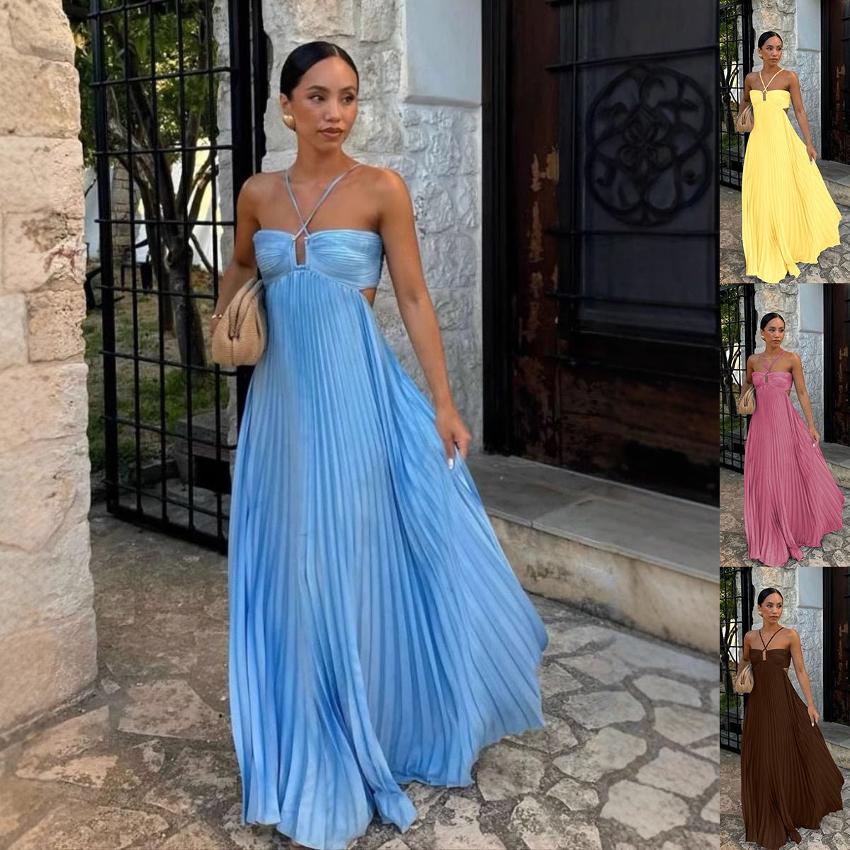 Ins Pleated Sleeveless Sling Dress Hollow High Waist Halter Robe Dresses For Evening Party Club Clothing Women - DBMP (Electronics And More Store)