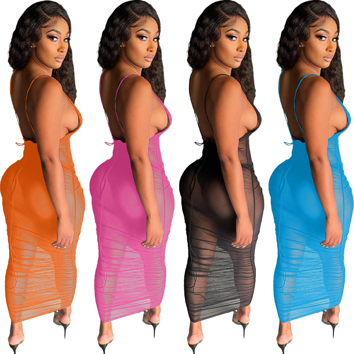 Fashion Sling Pleated Mesh Perspective Dress
