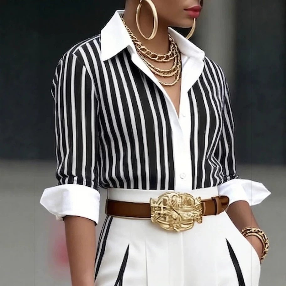 Striped Shirt And Vertical - striped Wide - leg Pants Set - DBMP Shop