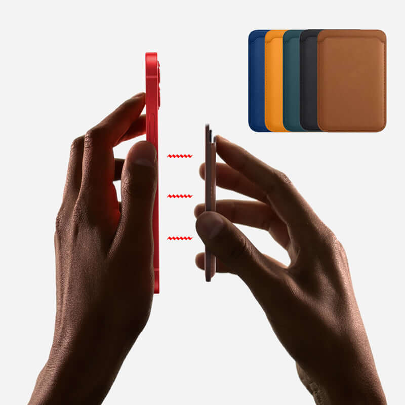 Hands demonstrating the MagSafe magnetic leather card holder wallet attaching to a phone, showcasing various color options.